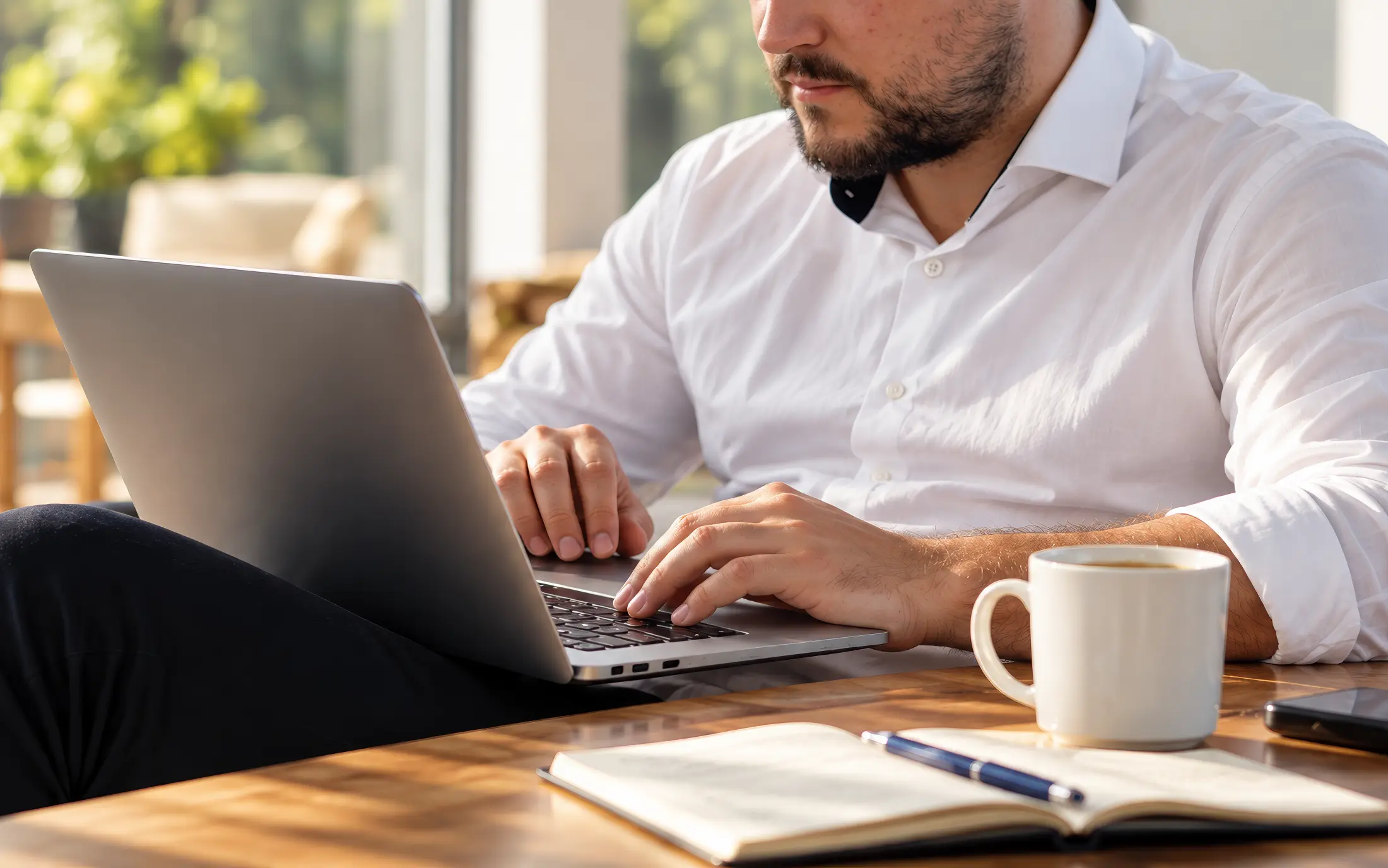 Profesional escribiendo en un portátil con una taza de café y una libreta sobre una mesa