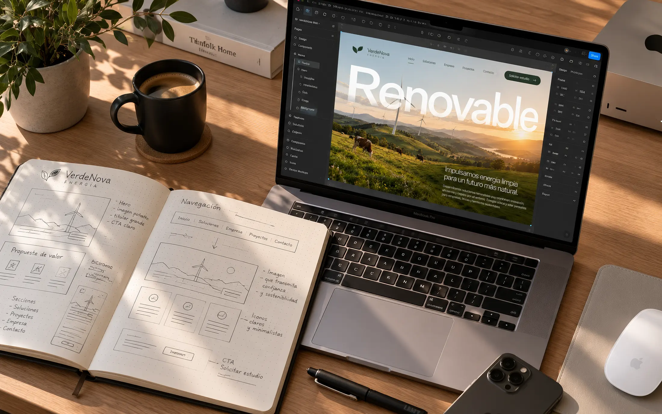 Portátil con el diseño de una web en pantalla junto a bocetos de wireframes en una libreta