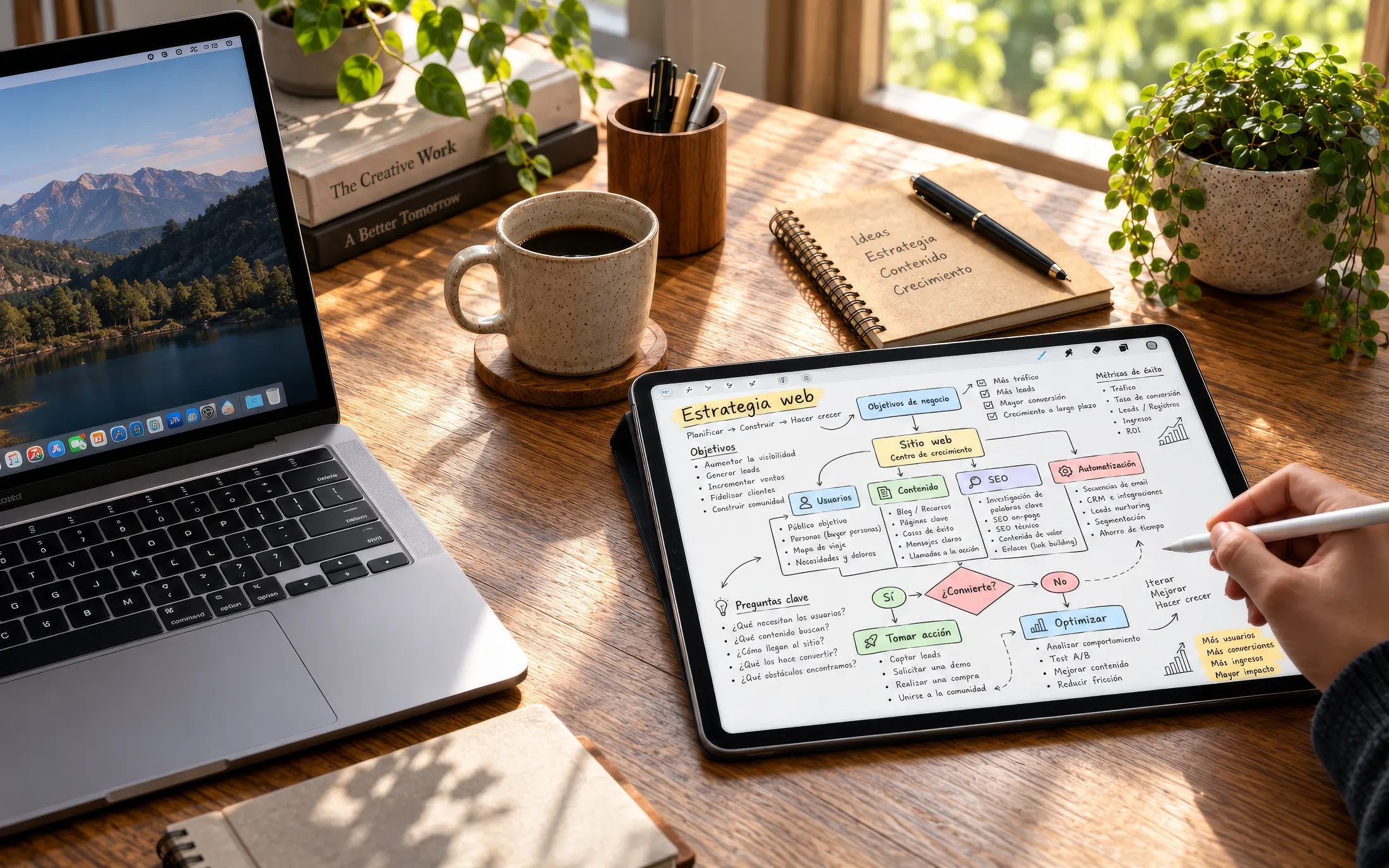 Tablet con un mapa mental de estrategia web sobre un escritorio con portátil y libreta